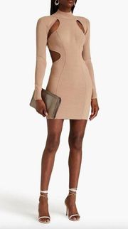 HERVE LEGER Ottoman Cutout Long Sleeve Minidress Fawn Womens Size Large