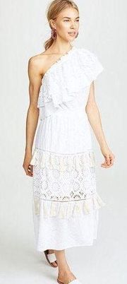 MISA Medium Eyelet Midi Dress White Tassel Clea One Shoulder Tiered Maxi Midi