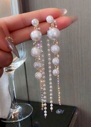 Elegant White Pearl Dangle Drop Earrings for Women,CZ Tassel Pearl Earrings