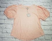 Cupio Womens Size Large Pink Short-Sleeve Eyelet Balloon Sleeve Blouse