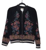 Anthropologie Elevenses Hallie Embroidered Bomber Jacket Black Velvet – Size S