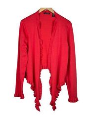 Valerie Stevens coral red silk blend rib knit ruffle open front cardigan sweater