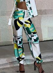 ZARA  Wide Leg Printed Satin Silk Pants White Green Yellow Black Tropical Slacks