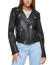 Women's Faux-Leather Belted Hem Moto Jacket