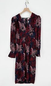 NEW A.L.C. Bailey Pleated Floral Print Silk Midi Dress in Navy Red Women's 10