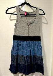 HP SAY WHAT Gray Ribbed Jersey Zipper Top Blue Jean Tiered Skirt Dress Size M