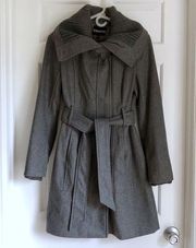 XS Wool Blend Belted Shawl Collar Long Midi Length Grey Coat Dressy