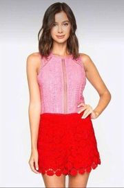 SugarLips Birdie Crochet Lace Color Block Romper Pink Red Small