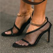 Bottega Veneta Stretch Chain Ankle Strap Nappa Leather Heel Mesh Pumps Size 36