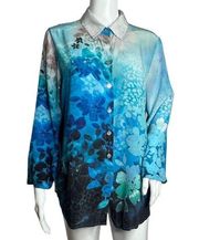 Soft Surroundings Jolene Slik Floral Blouse Button Front Tunic Blue White