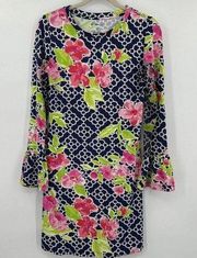 IBKUL Floral Chain Link Print Long Sheer Mesh Bell‎ Sleeve Dress Size XS