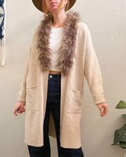 Saks Fifth Ave Cream Faux Fur Trim Cardigan Sweater Coat