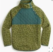 J Crew Quilted Button-Neck Sherpa Pullover Sweatshirt Green Leopard size medium