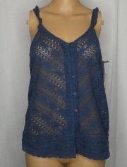 Hinge Button Front Lace Camisole Sheer Slate Blue NWT Tank Top Blouse NEW