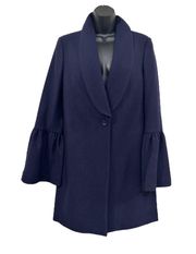 Navy Blue Wool Blend Trench Coat Women's Small Lined Button Bell Sleeve Pockets