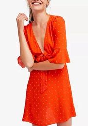 Free People  All Yours Polkadot Flounce Sleeve Mini Dress Orange V Neck 4