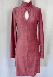 New Dual Nature Keyhole Rib Velour Dress Mock Neck Mini Mauve Medium o