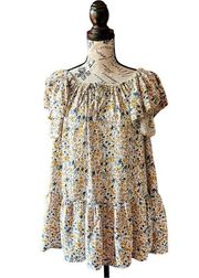 Cynthia Rowley multicolor floral shirt mini dress flutter sleeve peasant XS