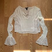 Forever 21 White Floral Mesh Tie Long Sleeve Crop Top