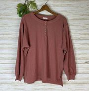 Easel Muted Brick Red Oversized Henley Long Sleeve Tee