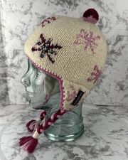 Everest Designs Earflap Beanie Hat Ivory Pink Wool Knit Fleece Lined Nepal