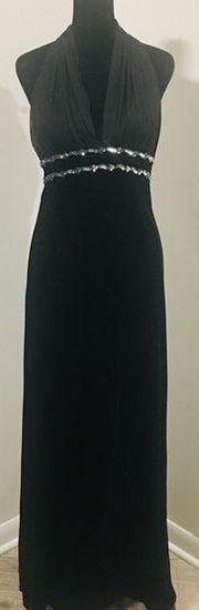 JUMP APPAREL Vntg Black Stretch Velvet Maxi Dress Sequin Chiffon Trim Halter 5/6