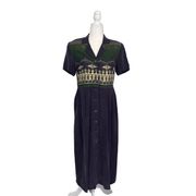 Vintage Karin Stevens Purple Green Button Up Maxi Shirt Dress 6