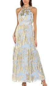 Monique Lhuillier Chiffon Silk Blue Gold Metallic Halter Maxi Gown Dress 14