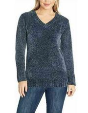 Orvis Chenille Soft V Neck Pullover Ribbed Knit Sweater Navy Blue Womens Size S