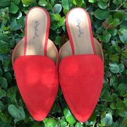 Qupid tomato red micro suede slides