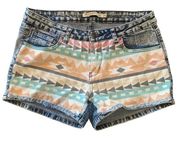 Women’s Iris Aztec print front acid wash denim jean shorts