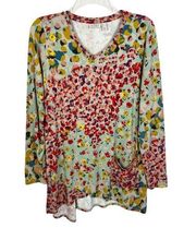 LOGO Lori Goldstein Libby Floral Asymmetrical Hem Long Sleeve Tunic Medium