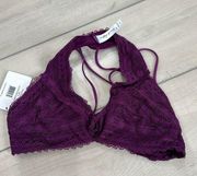 French Affair Bra Bralette Purple Lace Strappy Back Unlined Halter Lingerie S