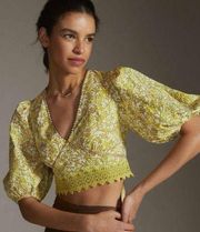 LET ME BE X ANTHROPOLOGIE Blouse Size Large Crop Top Embroidered Cropped Tie
