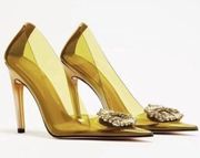 GOOD AMERICAN 6 1/2 Golden Olive Cinder F*ckin‎ Rella Lucite Pumps Heels NEW