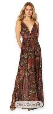 Ronny Kobo Daniela floral V neck Chiffon Maxi Dress Brown