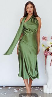 Italian Summer Tie Neck Midi Satin Dress Olive