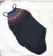 Laundry by Shelli Segal Black Embroidered One Piece Swim Bathing Suit