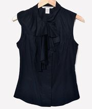 DVF Women’s Sleeveless Ruffle Front Button Down Black 100% Cotton Blouse size 6