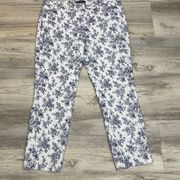 White with Navy Blue Floral Print Cropped Stretchy Pants Size 12