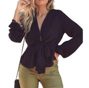 TYCHE Plunging Neckline Front Tie Balloon Sleeves Peplum Blouse Relaxed Womens S