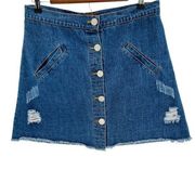 Anthropologie POL Distressed Button Front Denim Jean High Waisted Mini Skirt