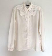 Vintage White Ivory Silk Long Sleeve Button Down Blouse, Cut Out Embroidery