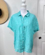 Tahari Seafoam Blue Short Sleeve 100% Linen Button Up Blouse Top - Size: Large