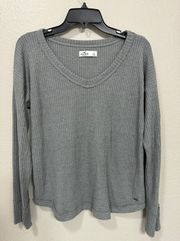 Grey Waffle Knit Lightweight Thermal Long Sleeve V-Neck- Size Small