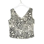 Kenar 1990s Vintage Black & White Leaf Print Linen Sleeveless Blouse XL