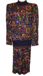 Leslie Fay Vintage 2 Piece Skirt Set Mock Neck Floral Women's size 14