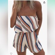 NWT- Ecowish Off Shoulder Ruffle Stripe Beach Shorts Romper