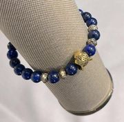 Bracelet Stretchy Beaded Blue & Gold w Leopard Head-OS