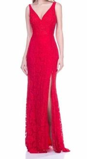 Maniju Lace Sleeveless High Slit V-Neck Maxi Gown Red Size Medium NWT